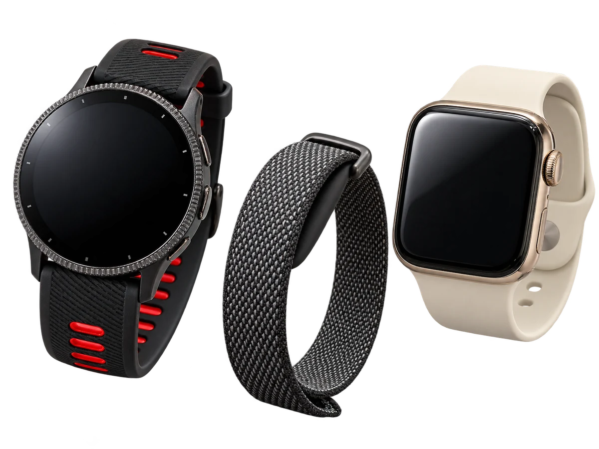 Photo-based composition of a round Garmin watch, screen-free Fitbit Air woven band and cream-strap Apple Watch, each facing forward at a different angle.